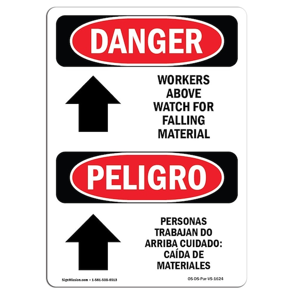 Safety Sign, OSHA Danger, 24" Height, Aluminum, Workers Above Falling Material Bilingual Spanish